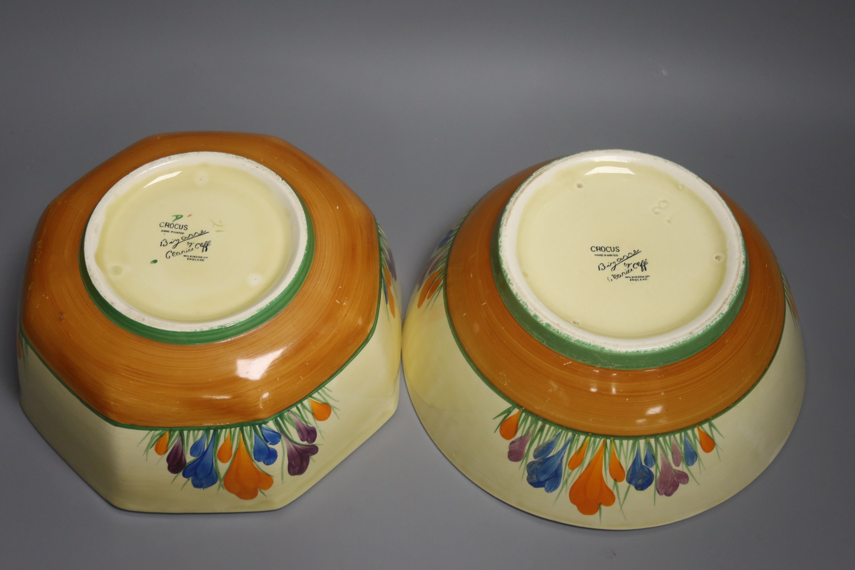 Two Clarice Cliff crocus pattern bowls 22cm
